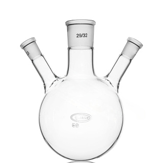 Trojhrdlá banka s kulatým dnem se šikmými bočními hrdly, 100 ml, brusy 29/14/14, GLASSCO, borosilikátové sklo (BORO 3.3)