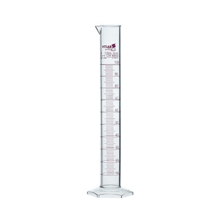 Měřicí válec z PMP, třída A, s výlevkou a červenou stupnicí – 100 ml, DIN 12681, ISO 6706