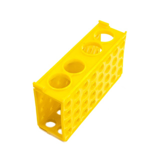 Stojan na zkumavky 4v1, malý, žlutý – PP, 170 × 90 × 50 mm, laboratorní