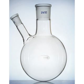 Dvouhrdlá banka s kulatým dnem se šikmým bočním hrdlem, 50 ml, brus 29/32 a 14/23, GLASSCO, borosilikátové sklo (BORO 3.3)