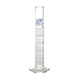 Odměrný válec skleněný, 50 ml, třída B, modrá stupnice, skleněná šestihranná základna