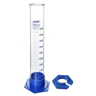 Skleněný odměrný válec, 500 ml, třída B, základna z PP – DIN/ISO 4788