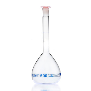Dávkovací skleněná banka, 250 ml, třída B, modrá stupnice, brusný spoj 14/23 – NewLine
