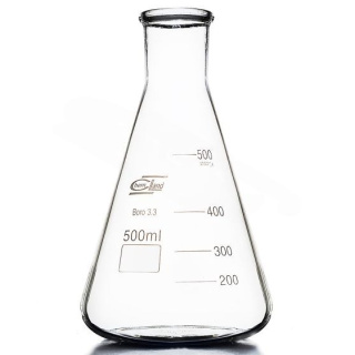 Erlenmeyerova banka skleněná s úzkým hrdlem 500 ml - BORO 3.3, ISO 1773