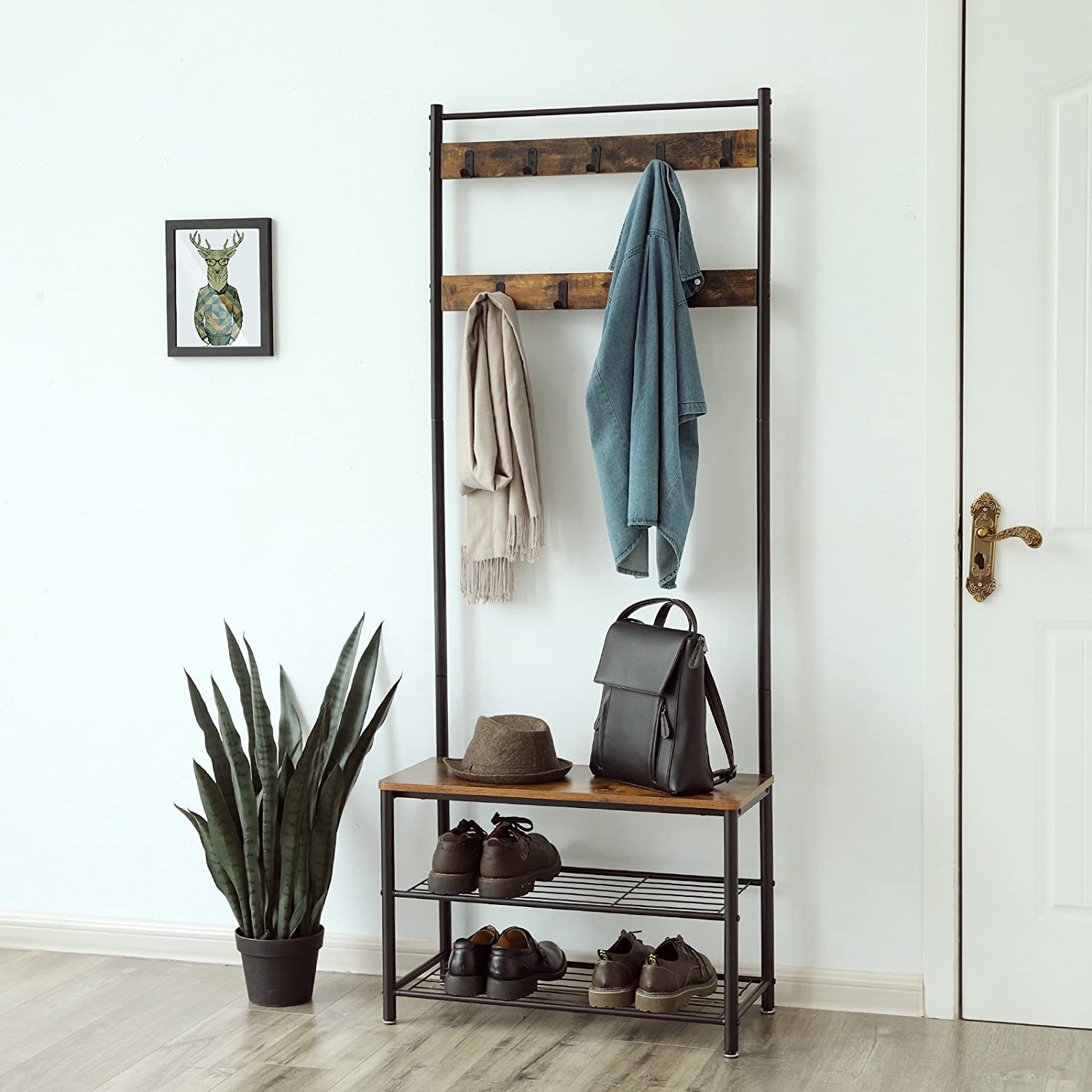 věšák na šaty s sedadlem 70x32x175cm dřevo, kov hnědá megamix.sk