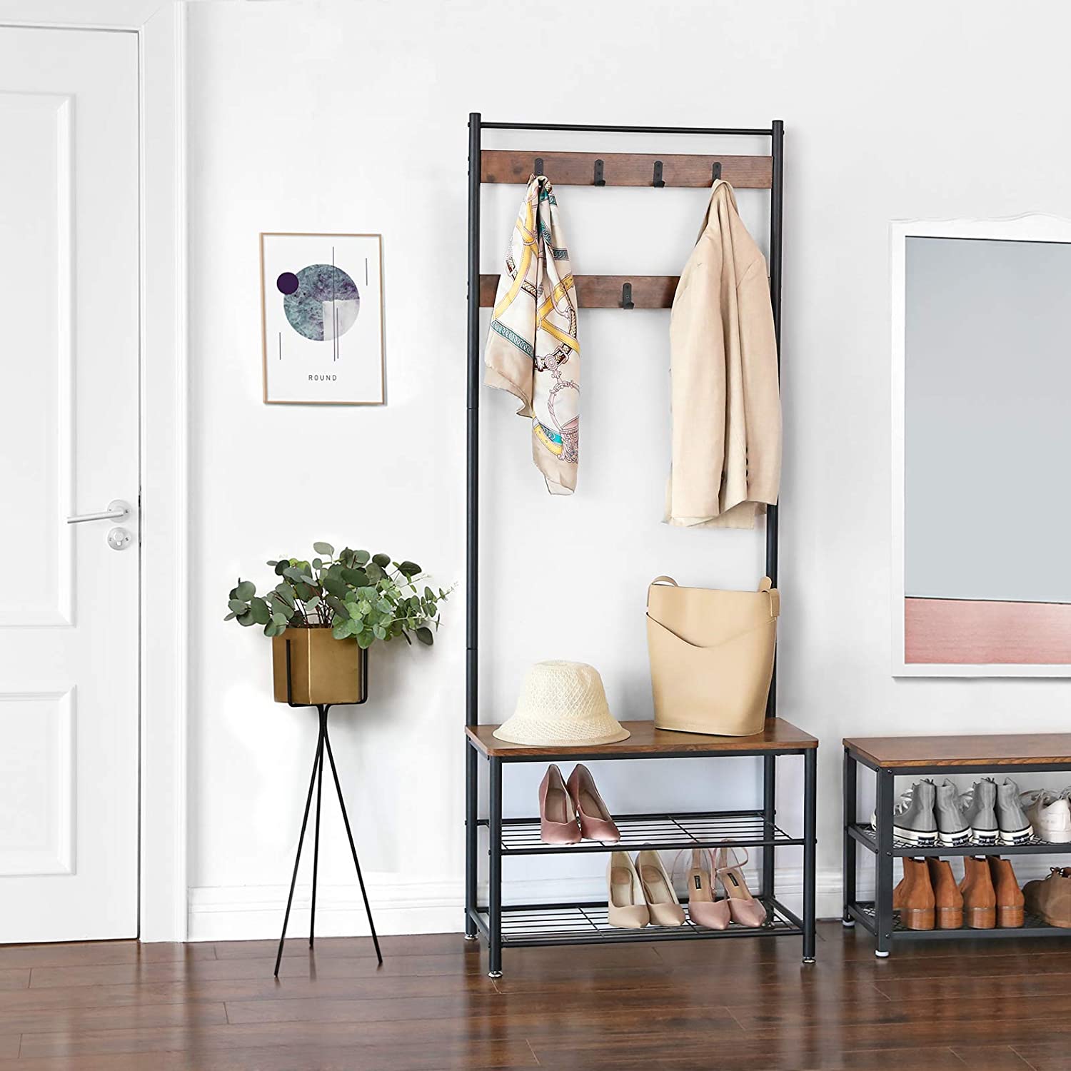 věšák na šaty s sedadlem 70x32x175cm dřevo, kov hnědá megamix.sk